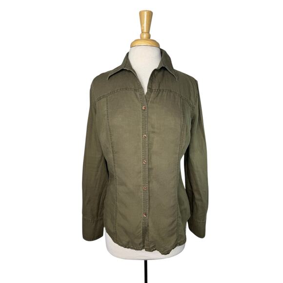LOFT Army Green Linen Cotton Blend Button Up Shirt Size Large Womens Natural - Picture 1 of 9